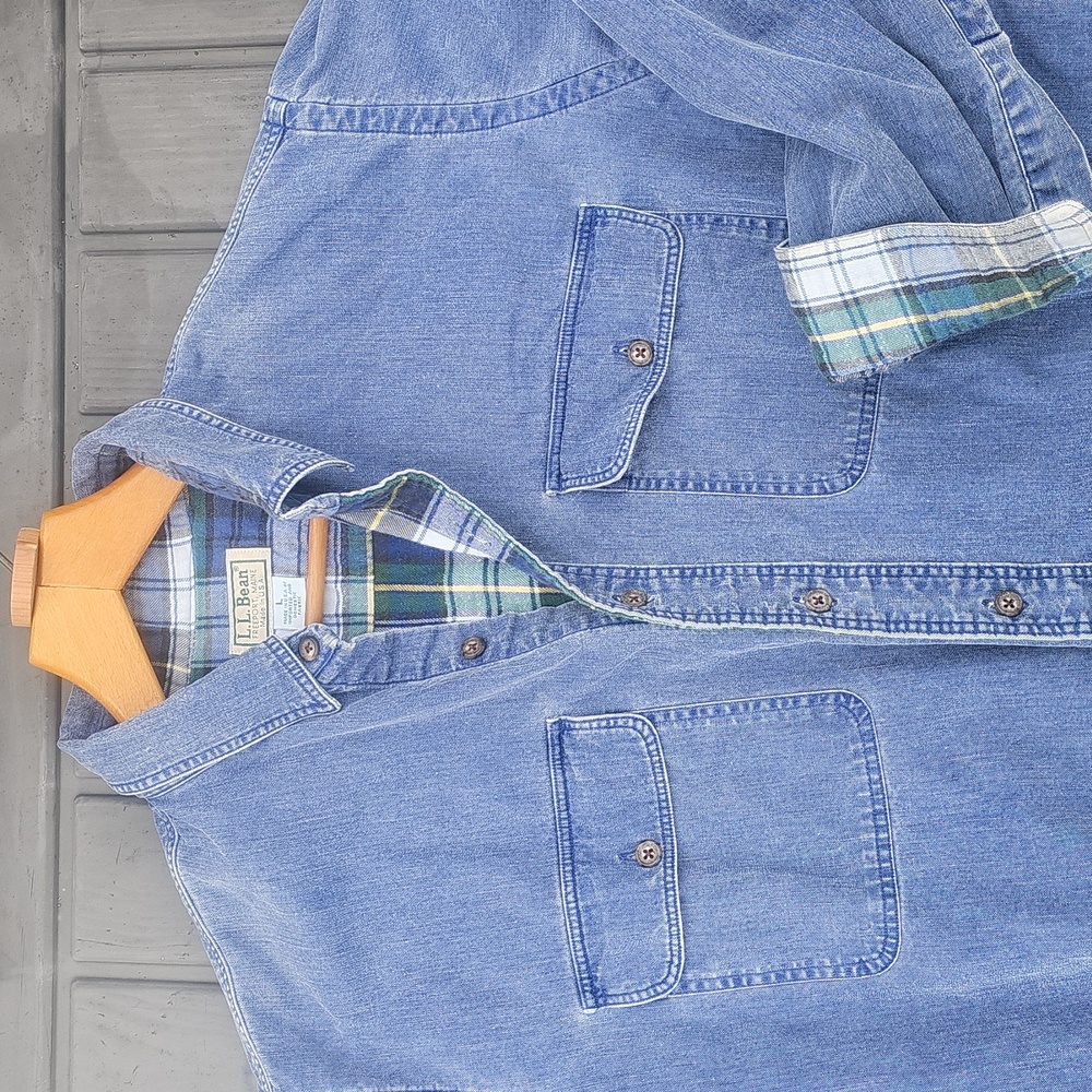 L.L. Bean Huricane Faded Blue Denim L Men's Shirt/Shacket with Flannel Lining